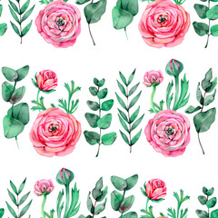 Ranunculus buttercup . Seamless floral pattern with pink flowers and Ranunculus buds. illustration.