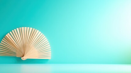 This beautiful wooden fan creates a serene ambiance, complementing the tranquil turquoise background and evoking a sense of peace and relaxation in any setting.