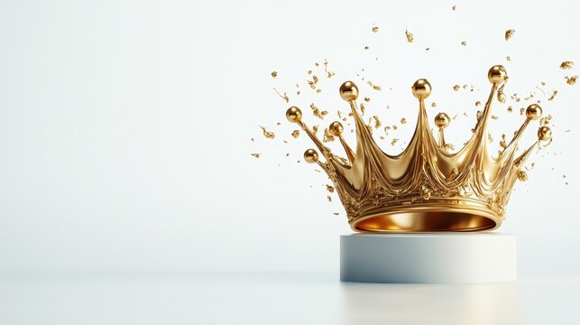 A stunning golden crown elegantly displayed, radiating luxury and opulence, with splashes of golden liquid giving an impression of grandeur and royalty in an artistic composition. - Powered by Adobe
