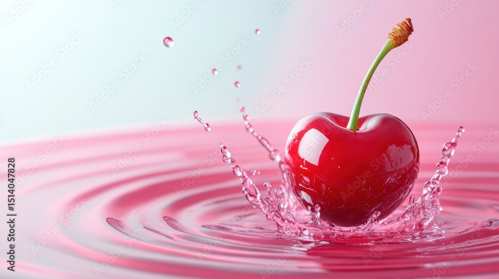 Poster a striking image of a red cherry splashing into water, creating dynamic ripples and droplets against