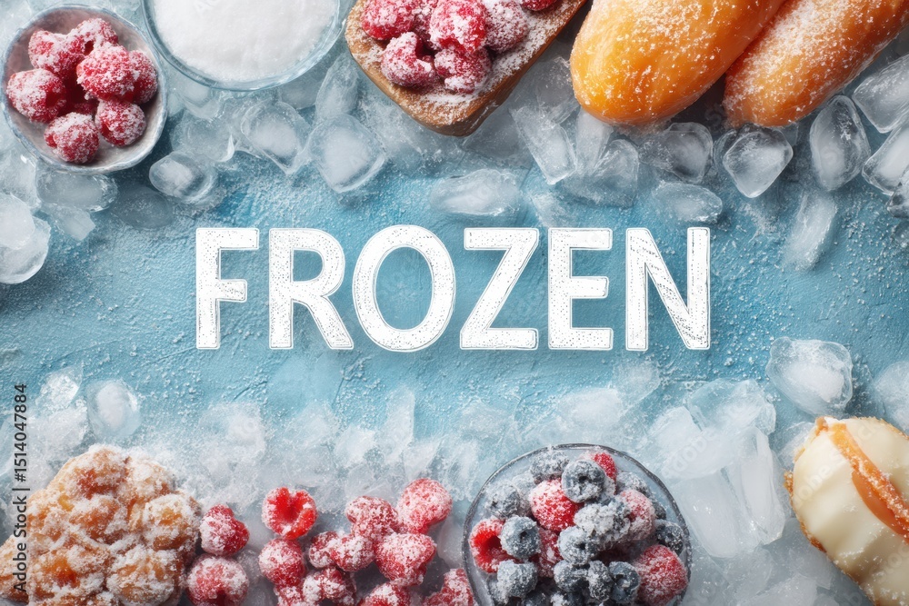 Poster promoting awareness of frozen food with clean typography on icy background highlighting frozen fruit