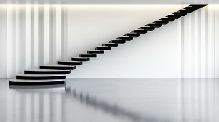 Obraz premium A sleek black spiral staircase ascends in a minimalist environment, characterized by clean lines and a modern design, providing a striking architectural feature in an open space.