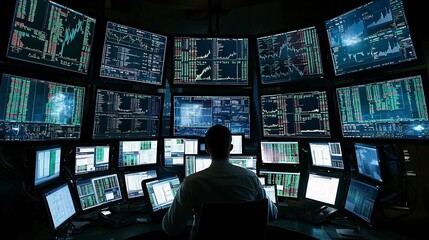 Finance expert analyzing a real time stock market crash on multiple digital screens crisis management mode