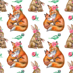 Cute seamless pattern with forest animals bunnies,Mother's Day greeting fabric wrapping paper