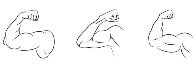 Muscles icon set, strong arm of an athlete, Linear Hand icons, biceps icons, Bodybuilding and fitness concept, on a white background.