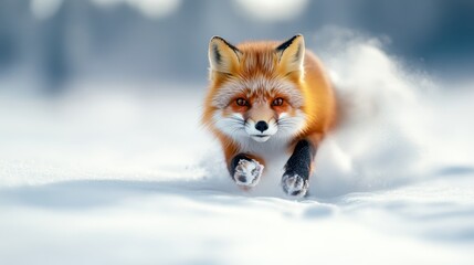 A vibrant red fox is captured in mid-run while traversing a snowy landscape, showcasing its agility and beauty against a serene winter backdrop.