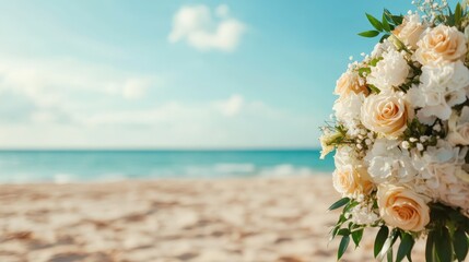 A stunning wedding bouquet featuring roses and white flowers set against a serene beach background, capturing the essence of love and celebration under a stunning sky.