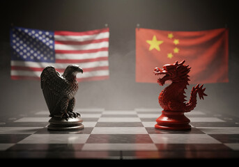 Usa china trade war concept with chess pieces flags and chessboard representing economic conflict strategy US China international global trade war