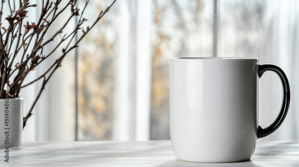 Poster a simplistic white mug stands prominently on a table, with a soft natural light filtering through a 