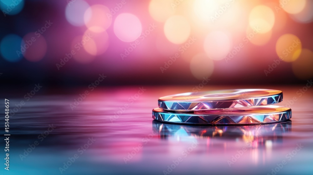 Poster two shiny discs rest elegantly on a reflective surface, illuminated by a colorful bokeh background, 