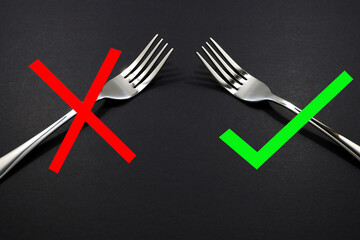 fork set together on black background with right or wrong marks on foreground 