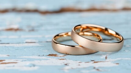 Two beautifully crafted gold wedding rings resting on a textured, rustic wooden surface that captures the essence of love and commitment in a timeless manner.