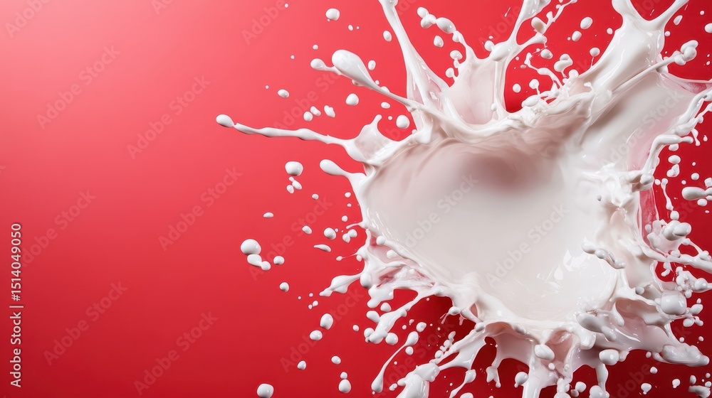 Poster this striking image captures a dynamic milk splash with a vivid red background, creating an engaging