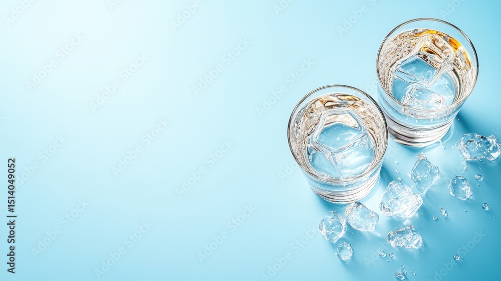 Poster two glasses filled with sparkling water and ice cubes sit on a light blue background, creating a ref