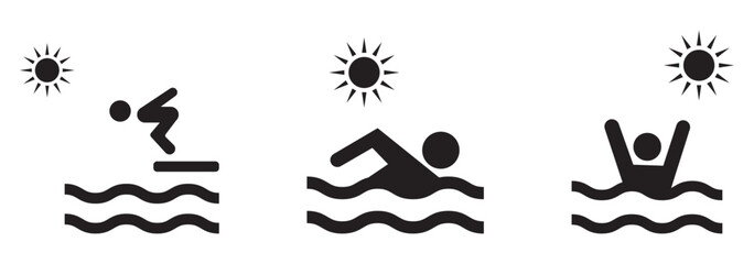 Swimming in the sea vector icon set illustration. Swim in water for leisure during summer holiday symbol.