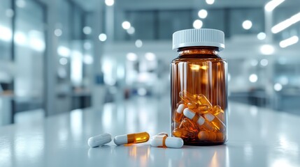 An amber medicine bottle filled with various capsules rests on a clean, white surface, highlighting the importance of health and wellness in everyday life.