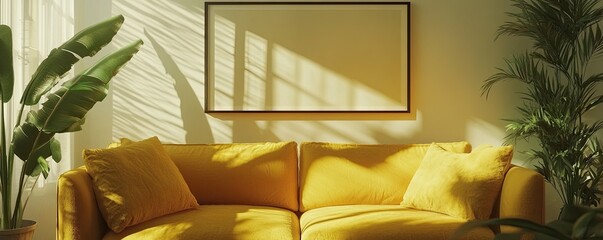 Mockup poster in the living room, yellow sofa in bohemian style with plants and soft ambient light, captured in