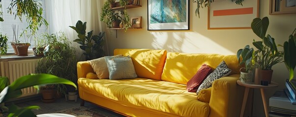 Mockup poster in the living room, yellow sofa in bohemian style with plants and soft ambient light, captured in 