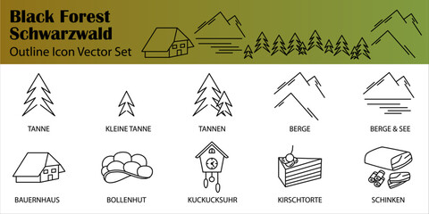 This vector icon set features symbols of the Black Forest, Schwarzwald. The clean, modern outline style includes traditional and cultural elements. All icons are fully scalable vector files.