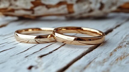 Two exquisite gold wedding bands resting on a rustic wooden surface beautifully symbolize love, unity, and commitment, capturing the essence of everlasting bonds and relationships.