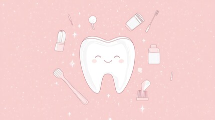 Smiling Tooth with Dental Care Tools on Pink Background