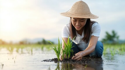 A dedicated farmer planting rice seedlings in a waterlogged field during sunrise, representing agriculture, hard work, and the beauty of nature in rural life.