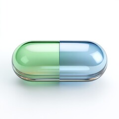 Bright green and blue capsule showcasing a smooth, glossy surface on a white background, emphasizing its pharmaceutical design and composition