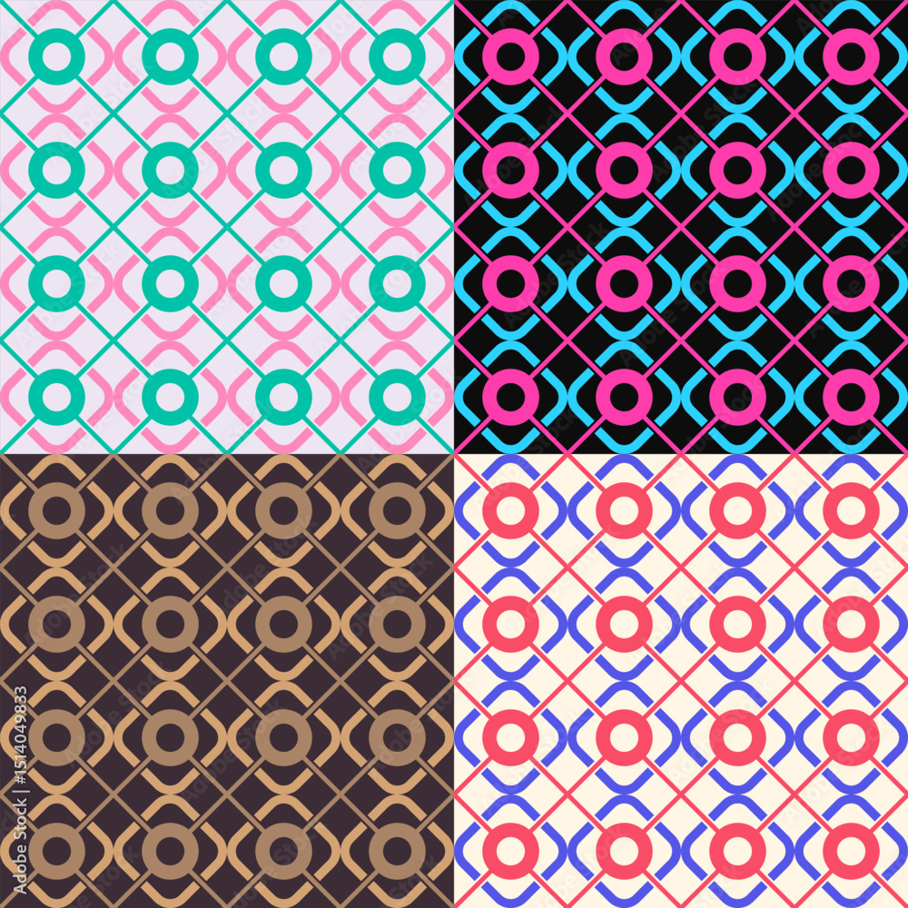 Poster set of seamless circle grid patterns. retro geometric backgrounds