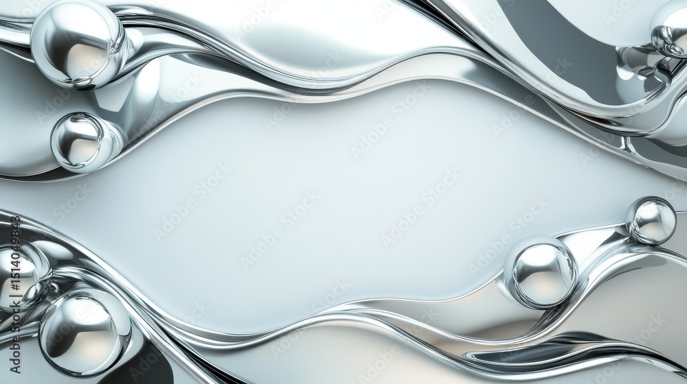 Poster a mesmerizing abstract composition of metallic waves and shiny spheres that creates a sense of movem