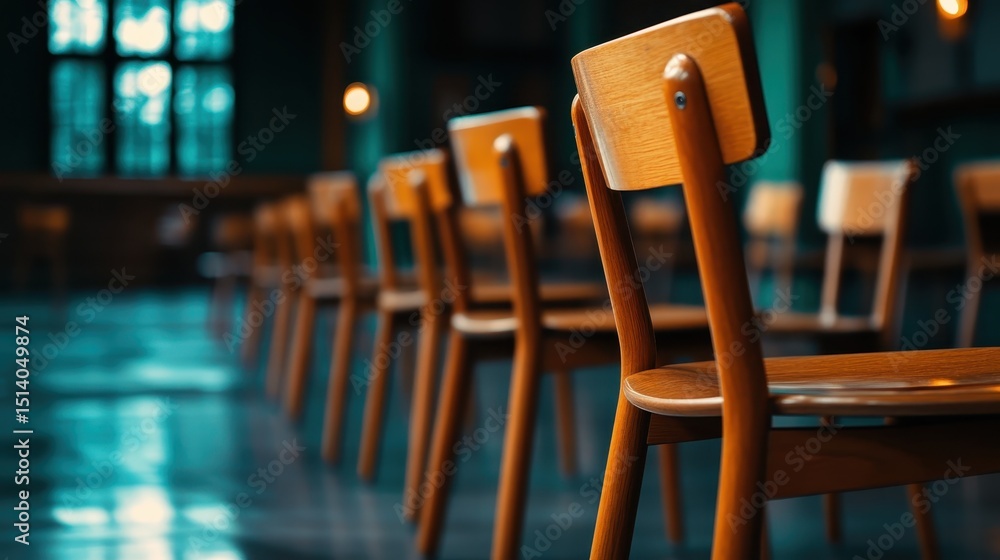 Poster this artistic image of wooden chairs arranged in a dimly lit hall creates an inviting atmosphere, em