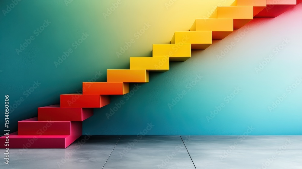 Aufkleber an artistic representation of gradient-colored stairs leading upward against a minimalist wall, symb