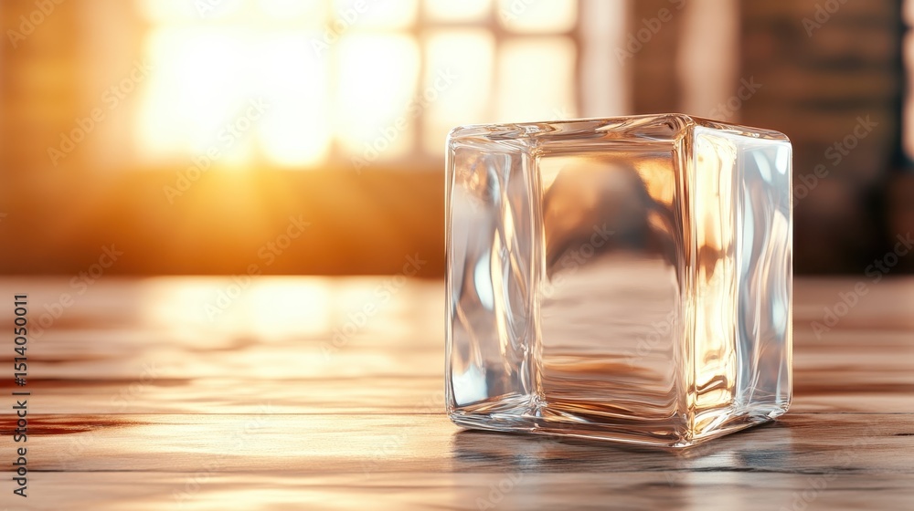 Poster a beautifully lit crystal cube capturing sunset rays, reflecting light and creating mesmerizing patt