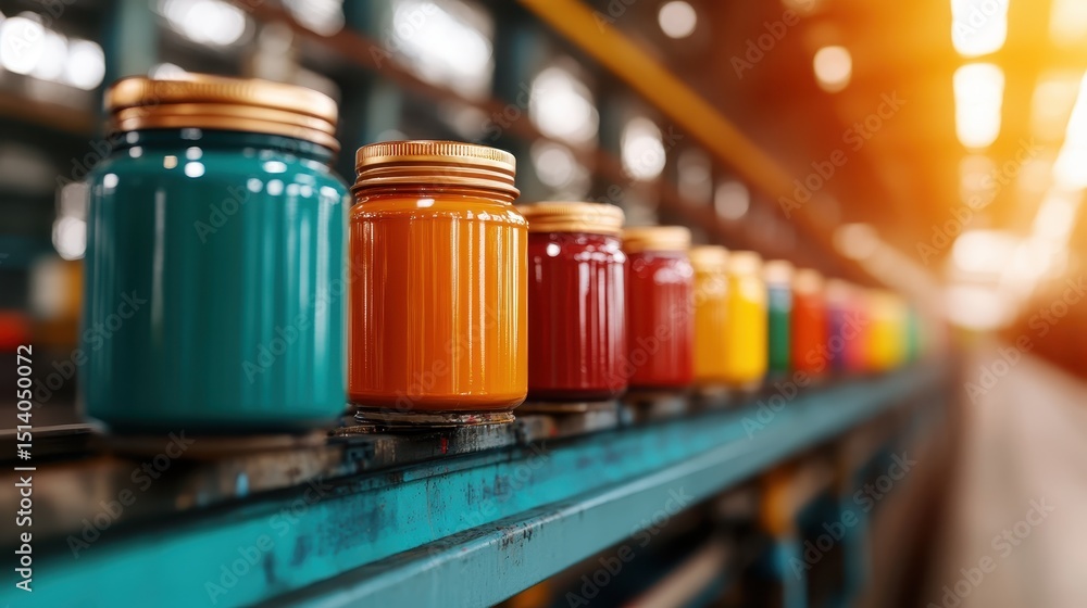 Poster a vibrant array of colorful paint jars lined up on a production conveyor belt, showcasing a palette 