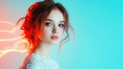Fototapeta premium An enchanting portrait of a young woman with cascading hair and striking blue tones, embodying beauty and ethereal qualities that draw viewers into her gaze.