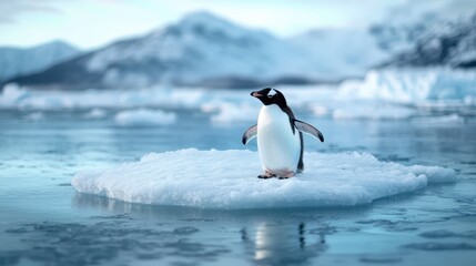 Obraz premium An adorable penguin stands proudly on a floating piece of ice amidst a breathtaking winter landscape, showcasing the beauty of nature in a serene and chilly environment.