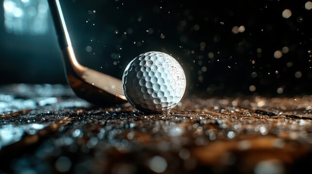A close-up of a golf ball poised to be hit, with droplets of water scattering around it, capturing an intense moment in the sport amid a moody atmosphere.