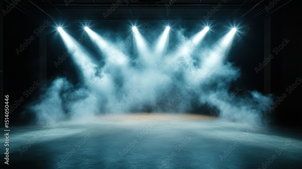 Poster a moody scene of stage lights piercing through a smoky atmosphere, creating an immersive environment