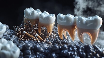 Teeth Damaged by Smoking on Dark Background with Ash