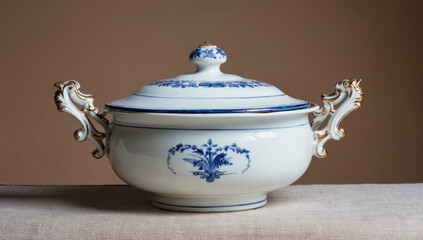 Elegant porcelain serving dish with intricate blue floral patterns and ornate gold handles, showcasing fine craftsmanship and timeless design in a classic setting