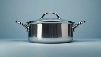 Stainless steel cooking pot with lid, featuring polished surface and ergonomic handles, placed on a light blue background, showcasing modern kitchen cookware design and functionality