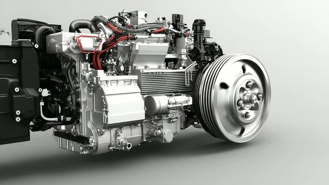 Under-hood view showing silver alternator and fan assembly beside heavy-duty diesel combustion components and torque converter
