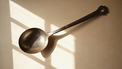 Vintage silver ladle rests on a textured surface, illuminated by soft natural light, casting delicate shadows that enhance its elegant design and craftsmanship