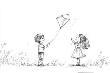 Single continuous line drawing little boy and girl flying kite. Siblings playing together. Kids  playing kite in playground. Children with kites game and they look happy. One line draw graphic