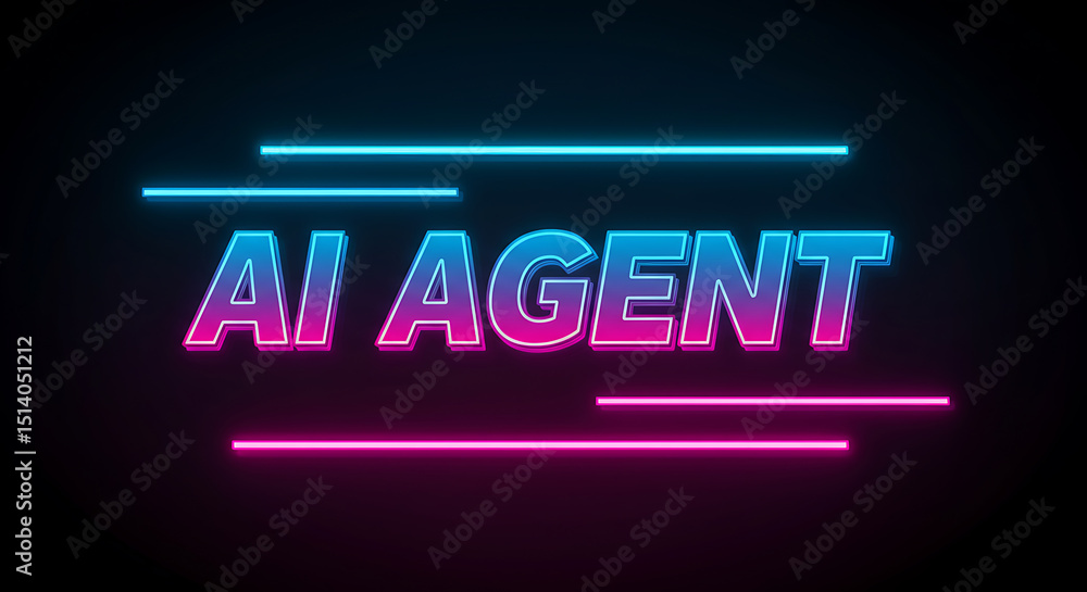 Poster the phrase 'ai agent' illuminated by bright neon lights, creating a modern and dynamic visual repres