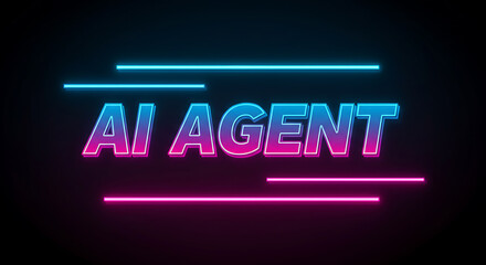 Obraz premium The phrase 'AI AGENT' illuminated by bright neon lights, creating a modern and dynamic visual representation of artificial intelligence.