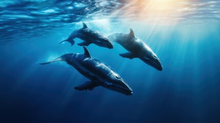 Naklejka premium Three majestic whales gracefully swim underwater, illuminated by soft sunlight, representing freedom, nature's power, and the beauty of marine life in a serene ocean setting.