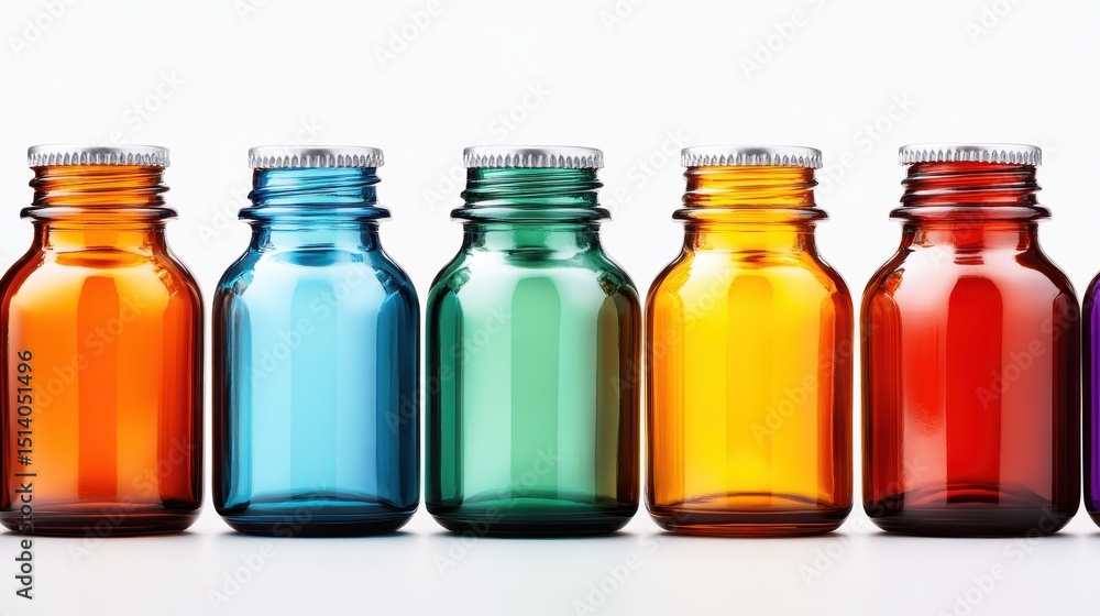 Aufkleber this image showcases a series of five vibrant glass bottles in various colors, creating a visually a