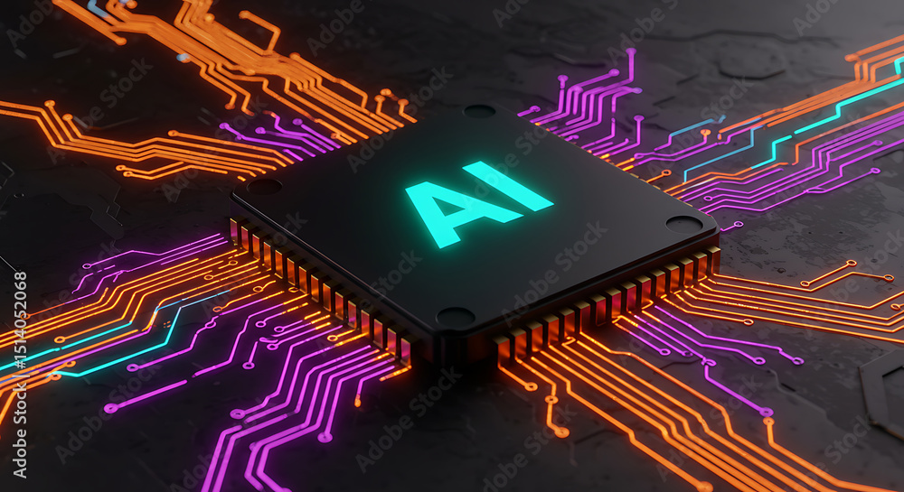 Poster a futuristic ai processor chip glows with neon light, surrounded by intricate digital circuit pathwa