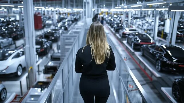 Female production supervisor stands on elevated walkway, overlooking rows of assembled cars moving steadily through the modern facility