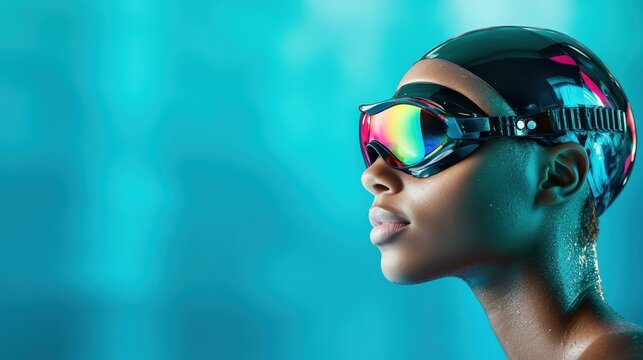 A confident swimmer in a sleek cap and goggles, captured in a moment of focus and determination, perfect for sports and fitness promotions or swimming events.